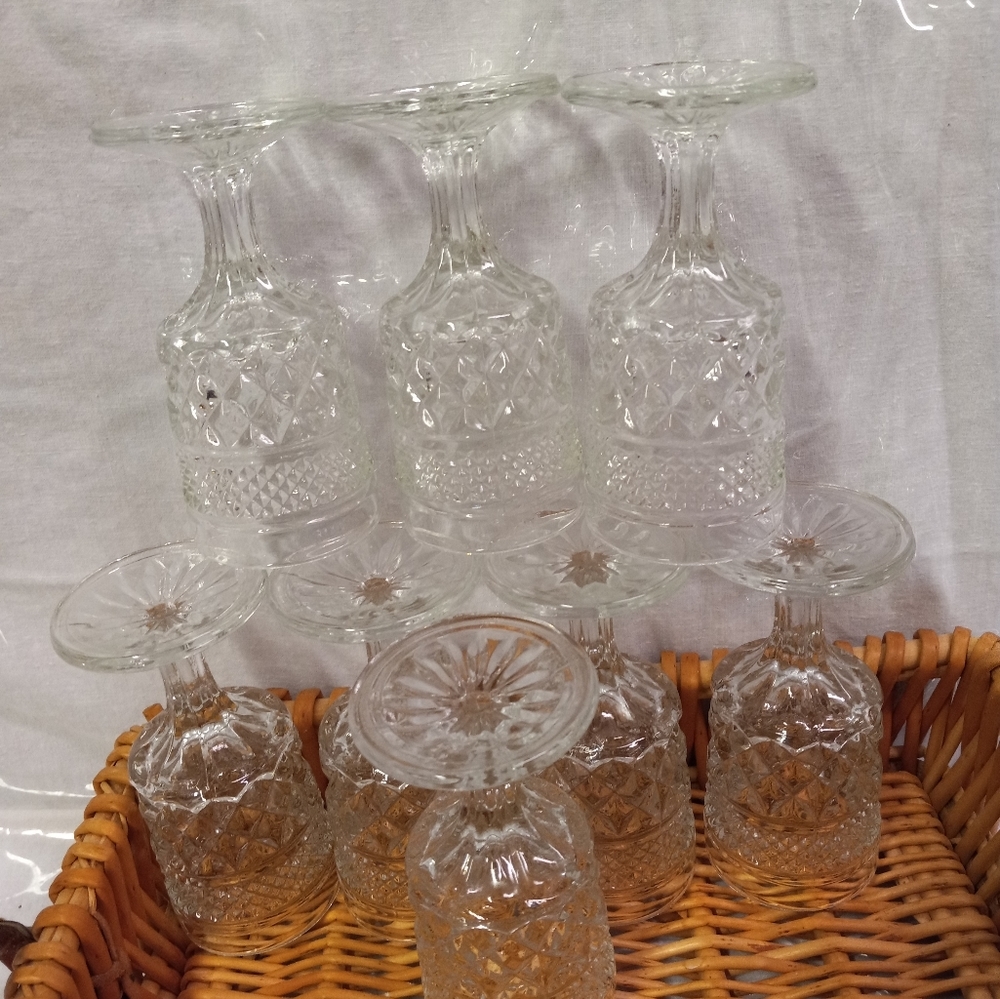 WEXFORD Anchor Hock.. Clear Crystal Stem Shotglass Diamond Cut Tumblers Vtge 8pc